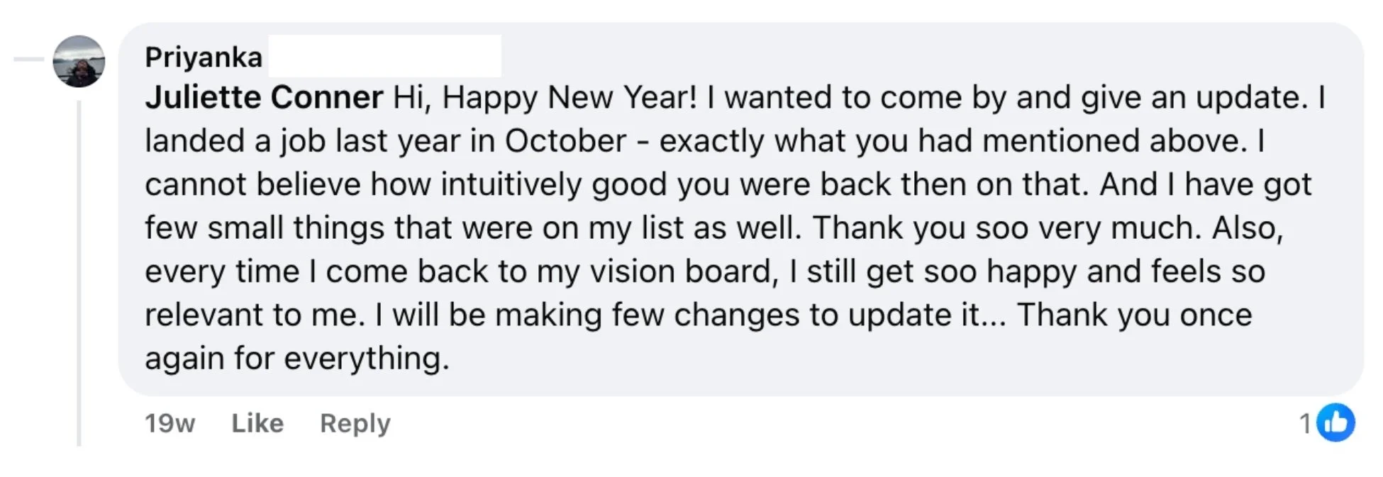 Comment from Priyanka, a Surrender Approach student, describing how she landed a job that matched exactly what Juliette Kristine had intuitively mentioned to her