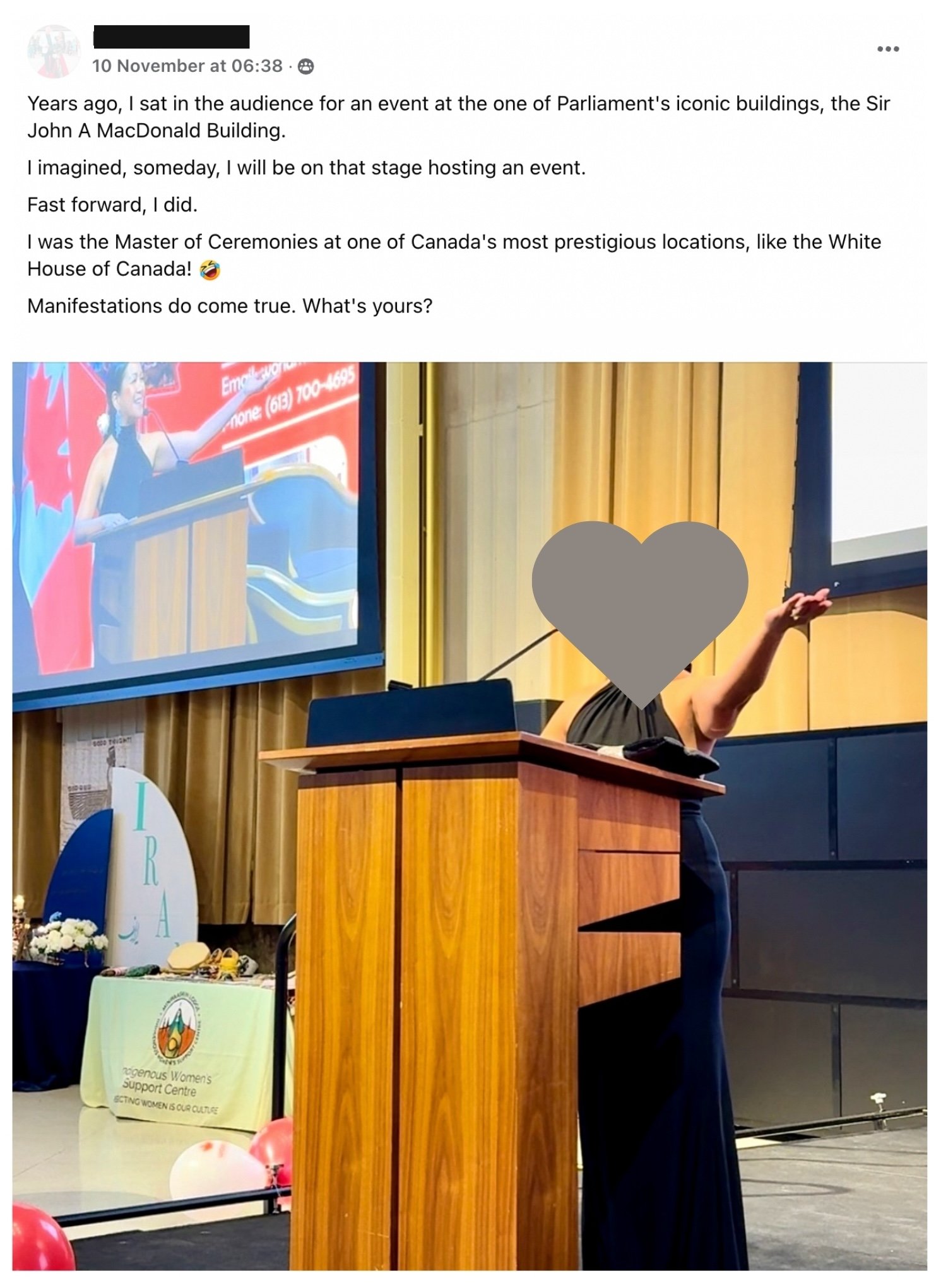 Facebook post from a Surrender Approach student describing how, years after imagining herself on that stage, she became the Master of Ceremonies at the Sir John A. MacDonald Building, one of Canada's most prestigious government locations