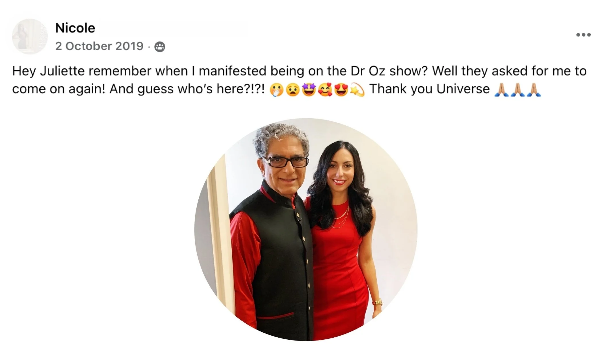 Facebook post and photo from Nicole, a Surrender Approach student, sharing that after previously manifesting an appearance on the Dr. Oz show, she was asked to come back on again