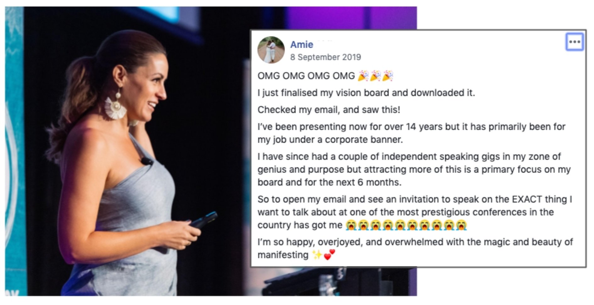 Facebook post from Amie, a Surrender Approach student, describing how the same day she finalized her vision board, she received an invitation to speak on the exact topic she wanted at one of the most prestigious conferences in the country