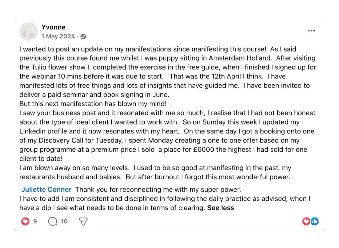Facebook post showing student sold her highest ever £6,000 client placement after using The Surrender Approach.