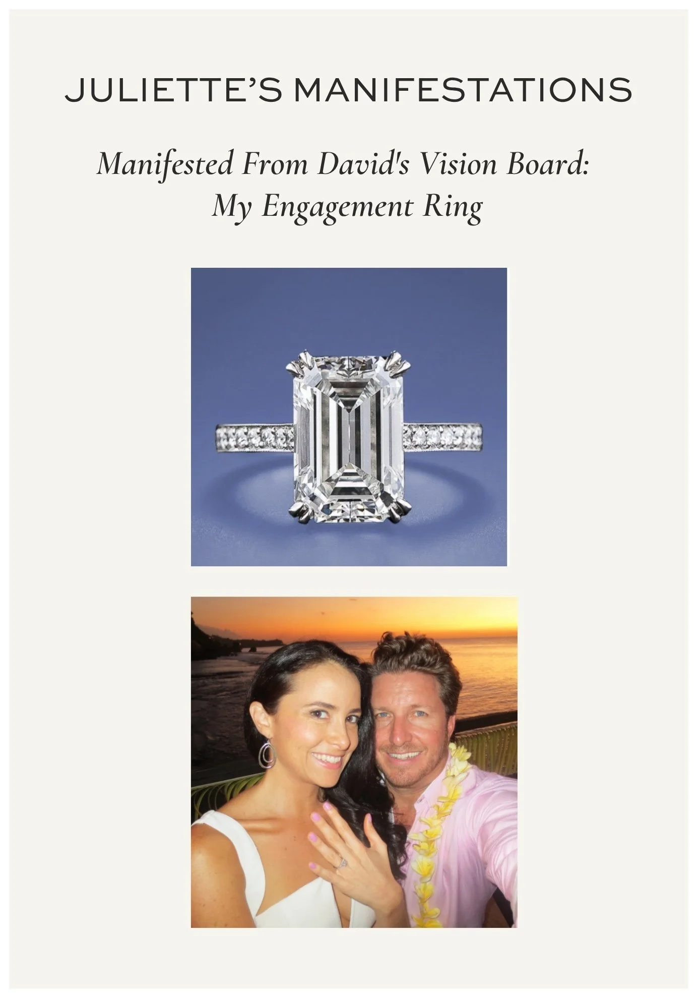 Juliette Kristine's vision board manifestation, the exact engagement ring she placed on David's vision board, followed by the photo of her proposal in Bali six months later with the same ring