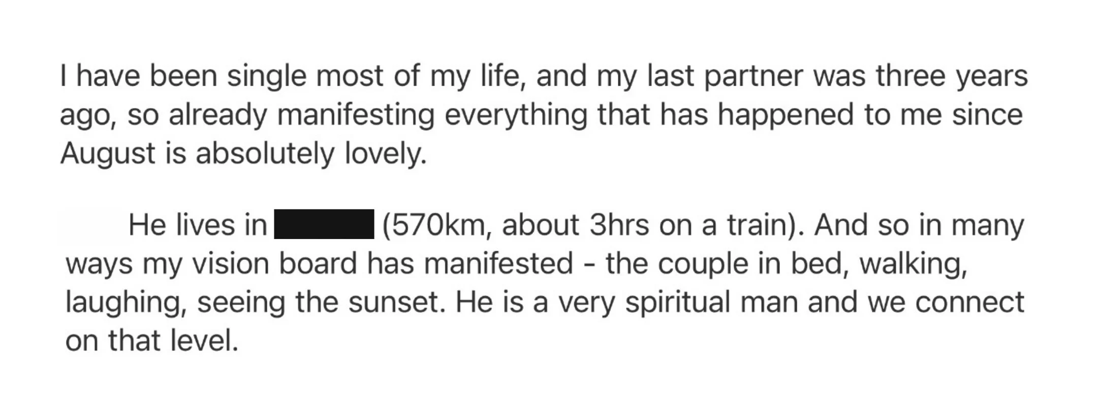 Private message describing how a student of The Surrender Approach, Juliette Kristine's manifestation course, manifested a deep spiritual connection with a specific person she'd placed on her vision board