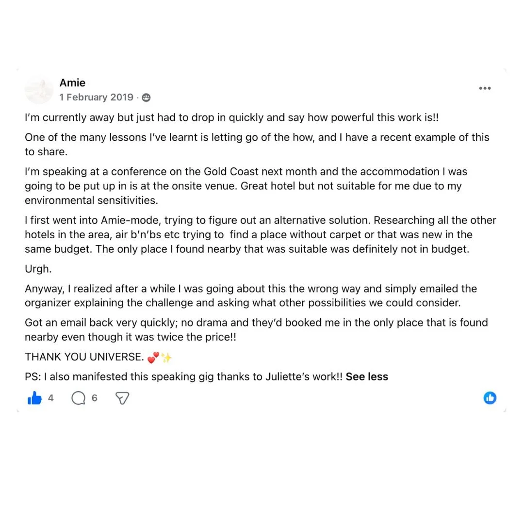 Facebook post showing student manifested a speaking gig and upgraded accommodation worth twice her original budget after applying letting go of the how from The Surrender Approach.