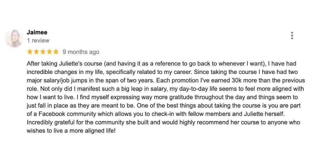 Google review showing student had two major salary jumps with $30k more per promotion after taking The Surrender Approach manifestation course.