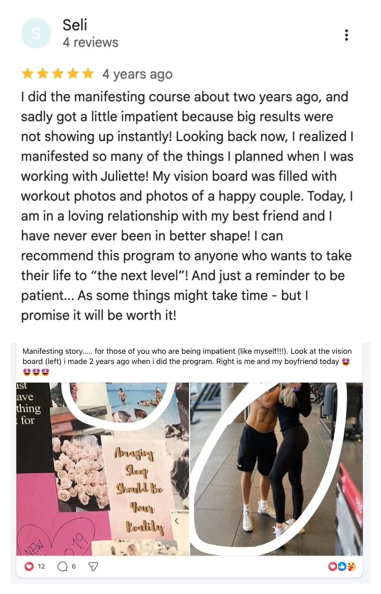 Google review from Seli, a Surrender Approach student, comparing her 2019 vision board filled with workout photos and a happy couple to her loving relationship and fittest shape two years later
