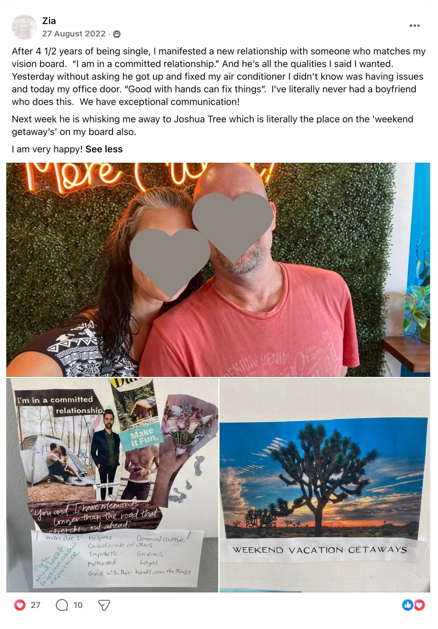 Facebook post from Zia, a Surrender Approach student, describing how she manifested a committed relationship matching every quality on her vision board, plus a trip to Joshua Tree, the exact destination pinned on her board