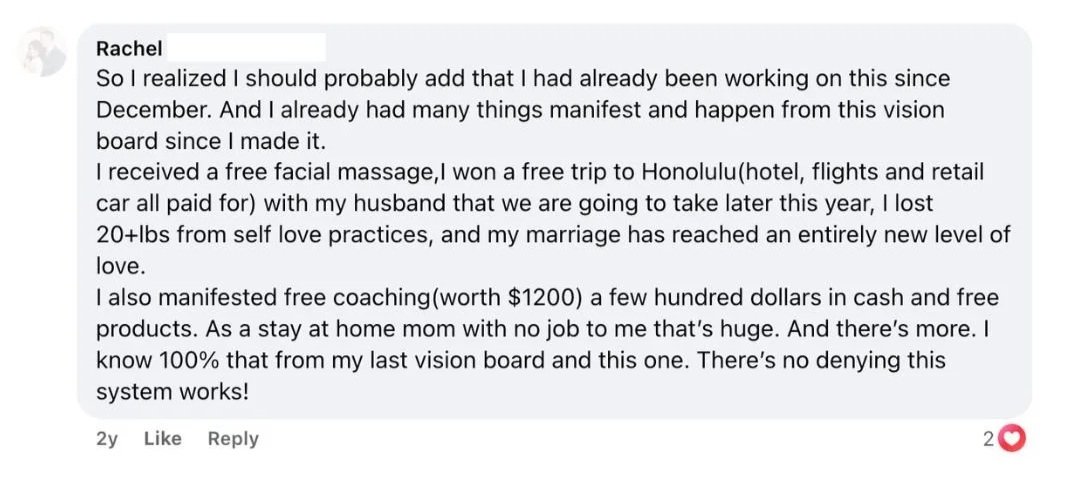 Facebook comment showing student manifested 20 plus pound weight loss, a deeper marriage, free coaching worth $1,200, free products, cash and a free trip to Honolulu using The Surrender Approach.