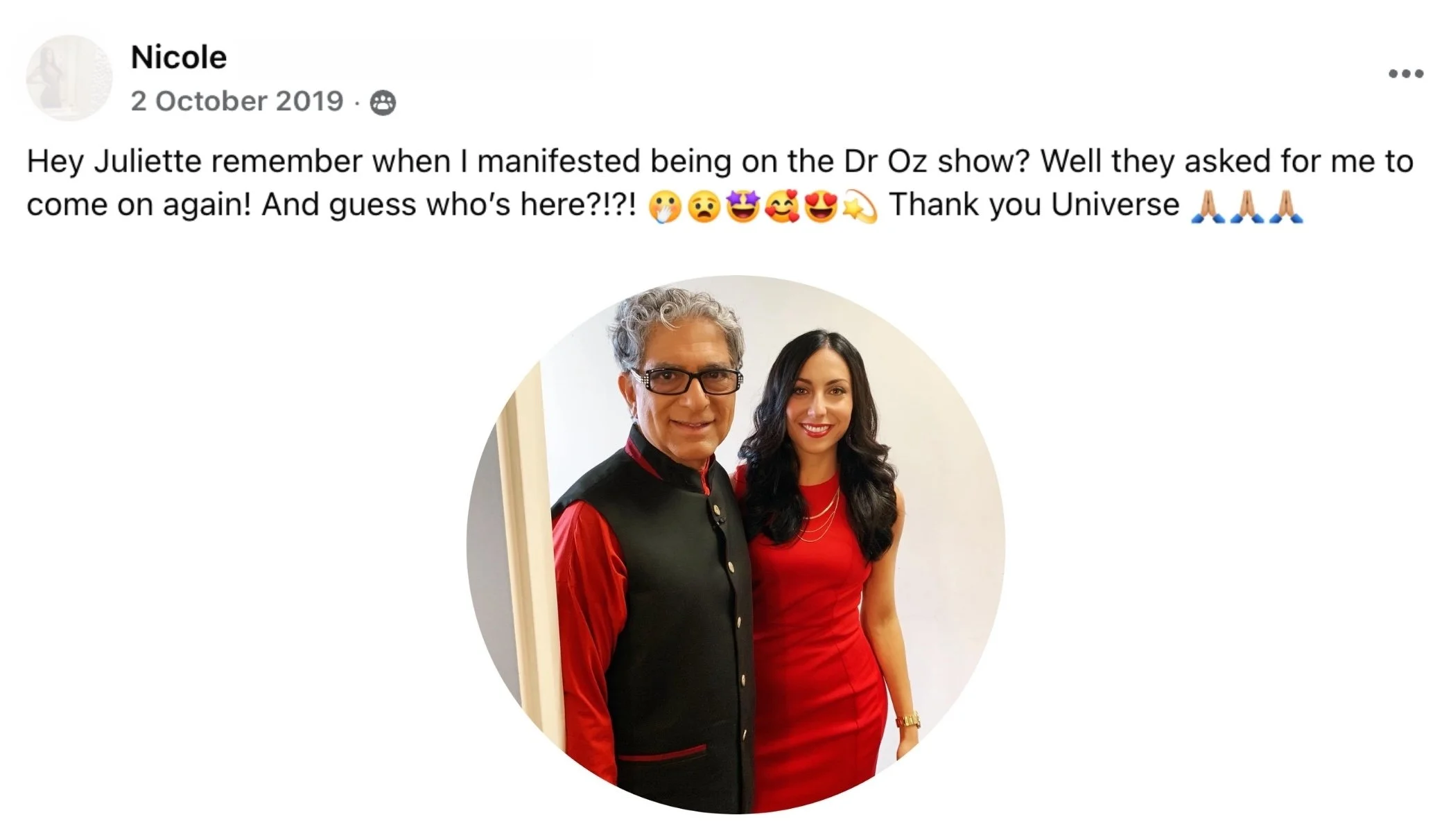 Facebook post from Nicole, a Surrender Approach student, celebrating being invited back to appear on the Dr. Oz show after previously manifesting her first appearance