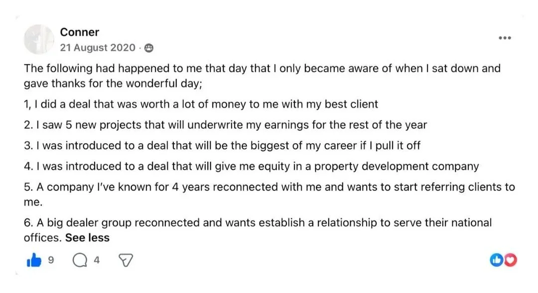 Facebook post showing student manifested 6 business breakthroughs in a single day including major client deals, 5 new projects, equity opportunities and key business reconnections after using The Surrender Approach.