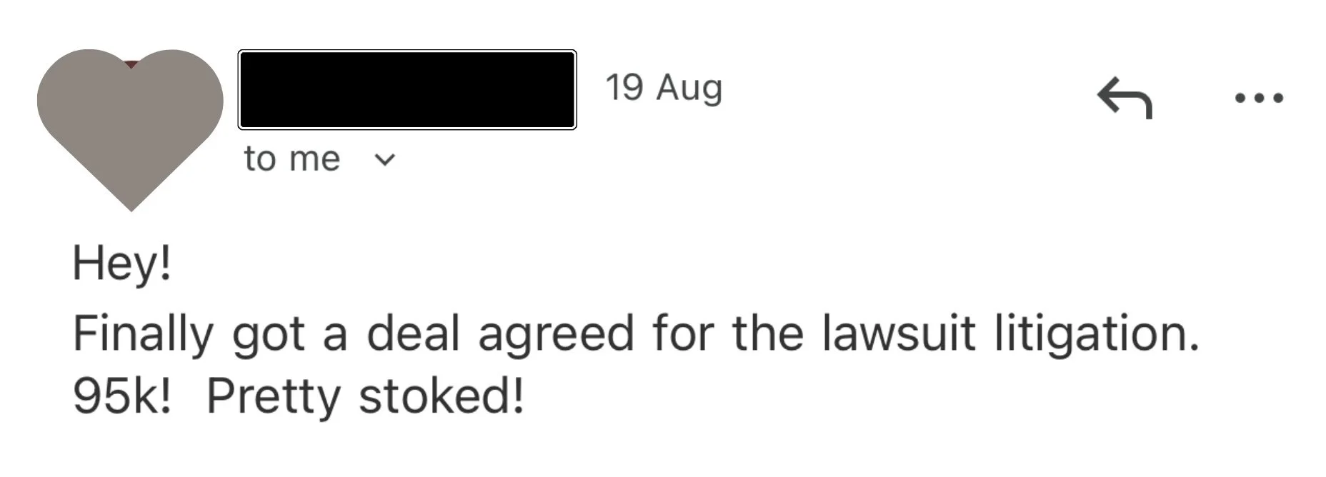 Message from a private coaching client sharing that he finally got a deal agreed for his lawsuit litigation, $95,000, through private coaching with manifestation coach Juliette Kristine and The Surrender Approach