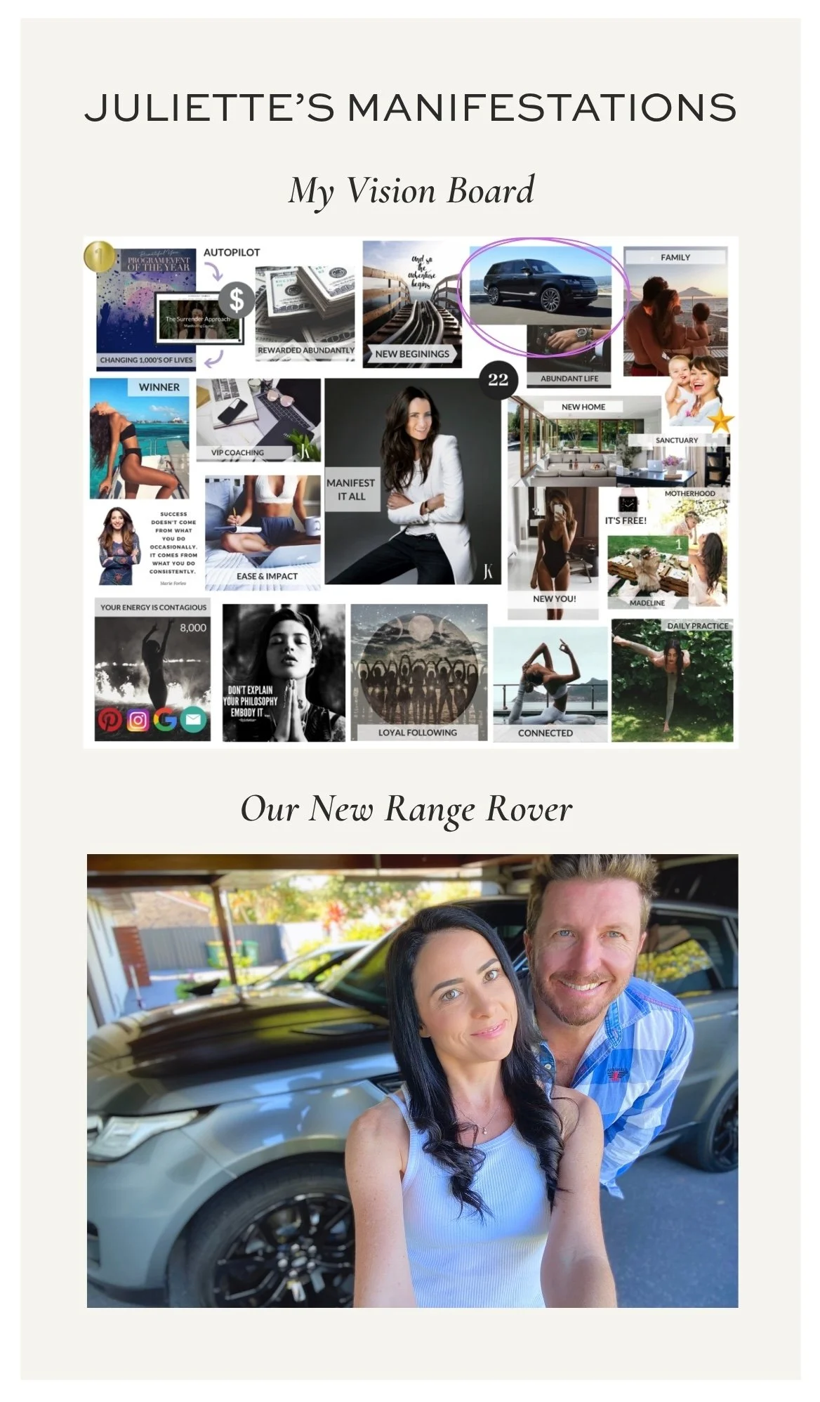 Juliette Kristine's current vision board with the exact car she circled, next to a photo of her and her husband David with their new Range Rover, a manifesting result matched right down to the vehicle