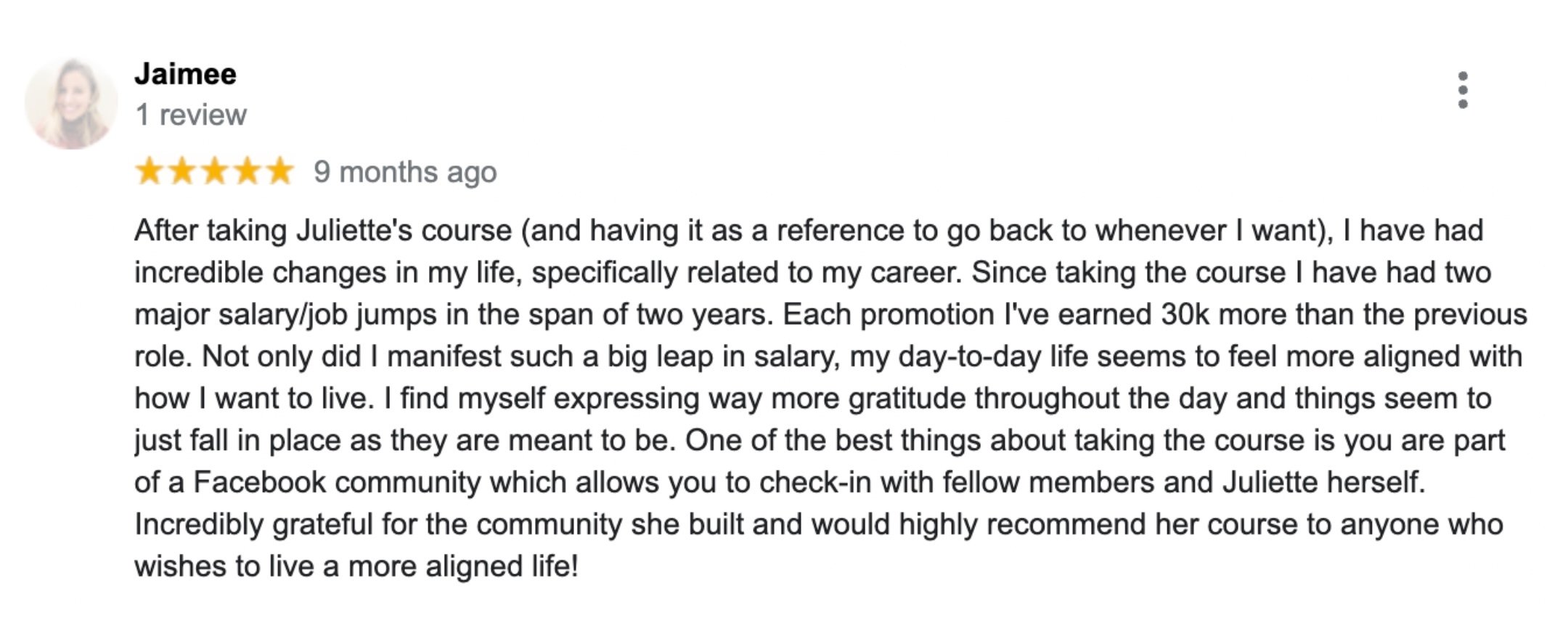 Google review from Jaimee, a Surrender Approach student, describing two major salary and job jumps in two years, each earning $30,000 more than the previous role, alongside feeling far more aligned in her daily life