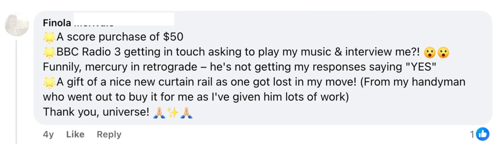 Message from Finola, a Surrender Approach student, sharing that BBC Radio 3 reached out asking to play her music and interview her, alongside other small manifestations that arrived the same week