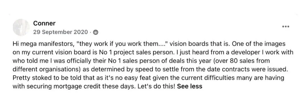 Facebook post showing student manifested becoming the No. 1 project sales person with over 80 sales after putting it on his vision board using The Surrender Approach.