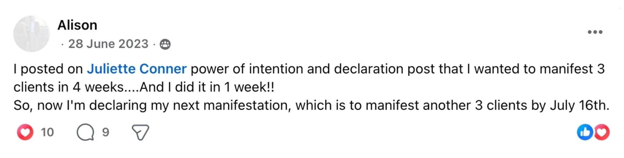 Facebook post from Alison, a private coaching client, sharing that she posted a declaration to manifest 3 clients in 4 weeks and achieved it in just 1 week, before declaring her next goal of 3 more clients