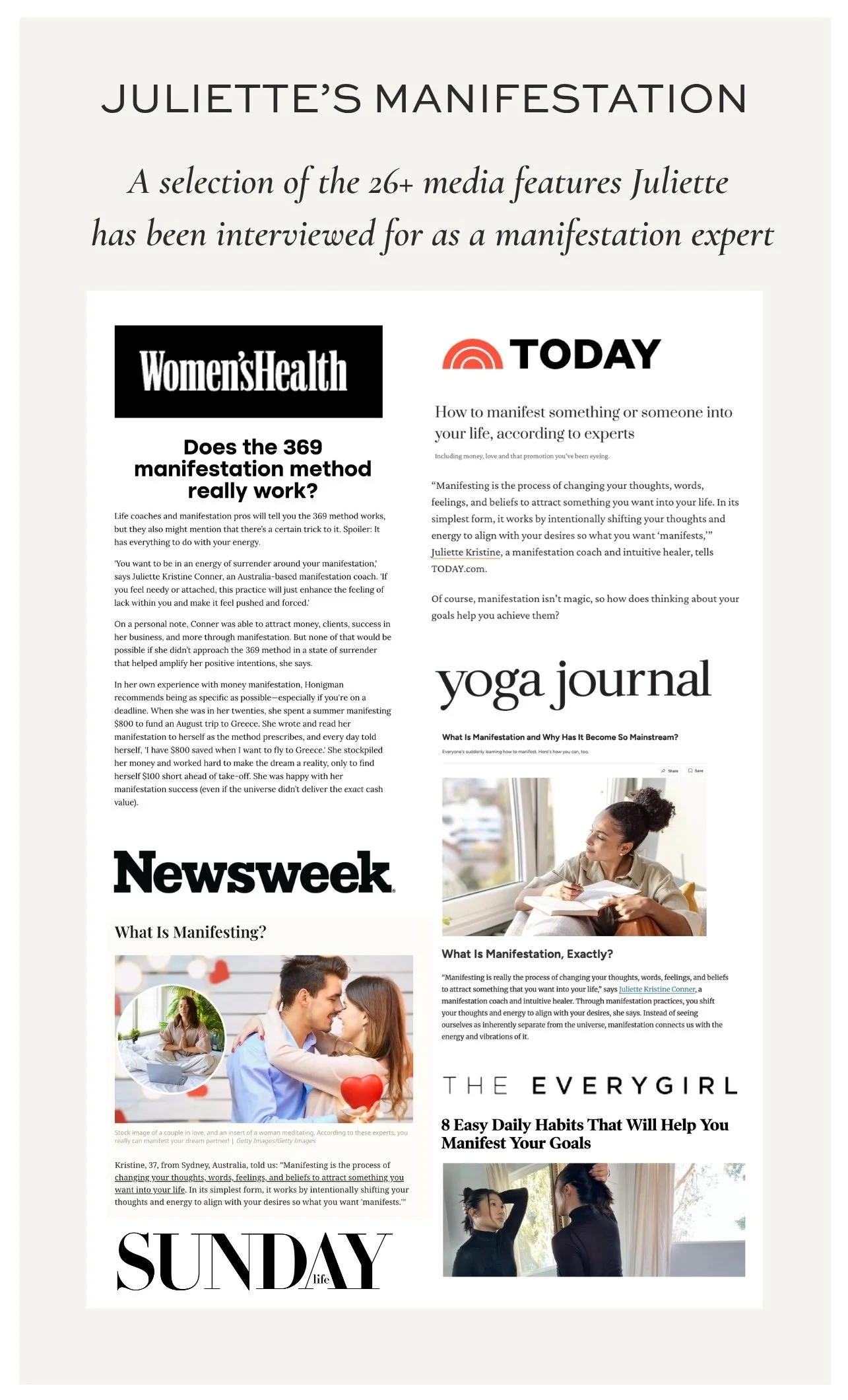 A selection of the 26+ media features Juliette Kristine has been interviewed for as a manifestation expert, including Women's Health, Newsweek, Yoga Journal, The Everygirl, and Sunday, every feature editor-initiated with zero pitching
