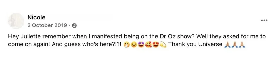 Facebook post showing student manifested a media appearance and return invitation to the Dr Oz show after previously manifesting her first TV appearance using The Surrender Approach manifestation course.