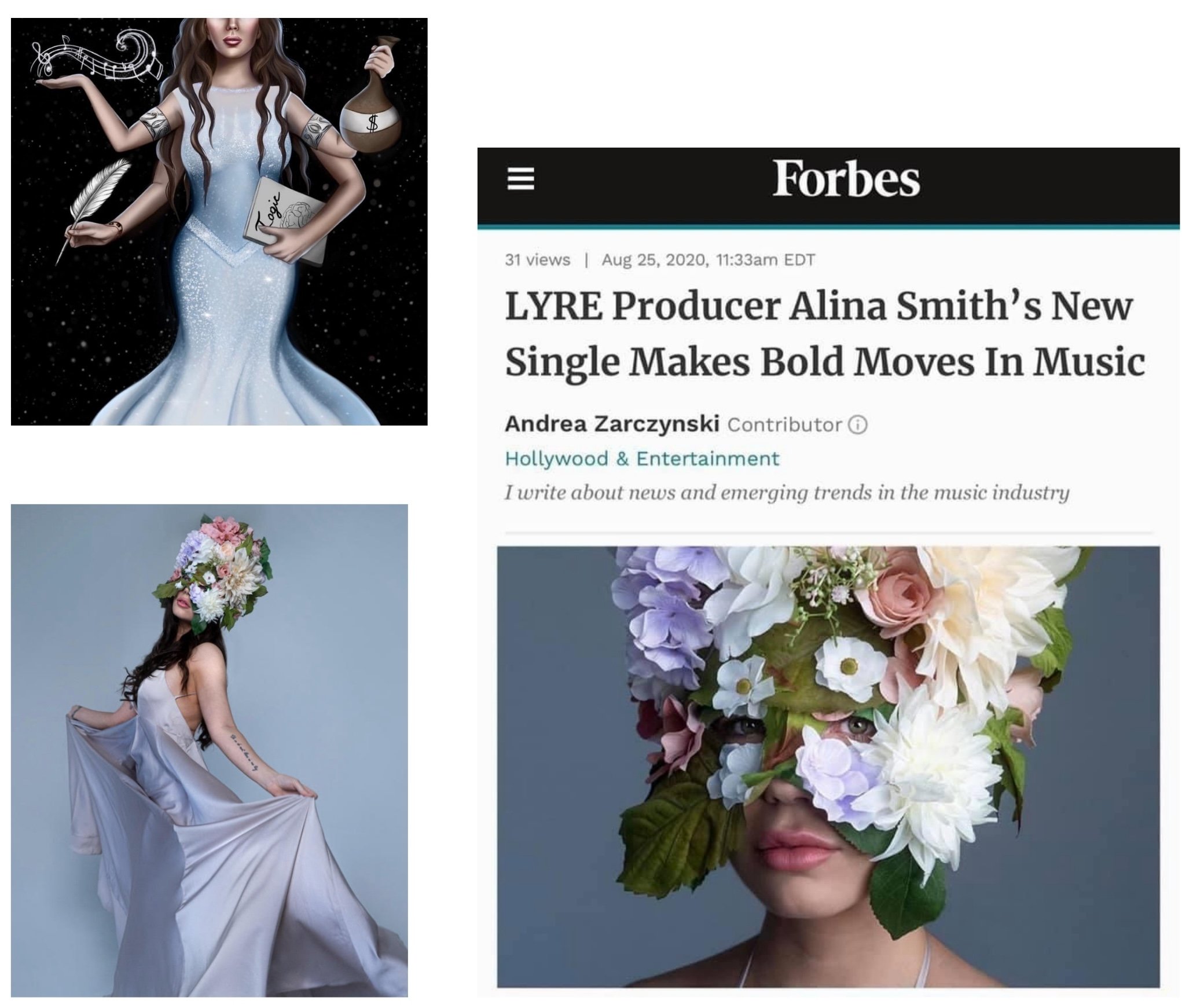 Forbes article titled "LYRE Producer Alina Smith's New Single Makes Bold Moves In Music," a manifesting visibility result for a Surrender Approach student in the music industry