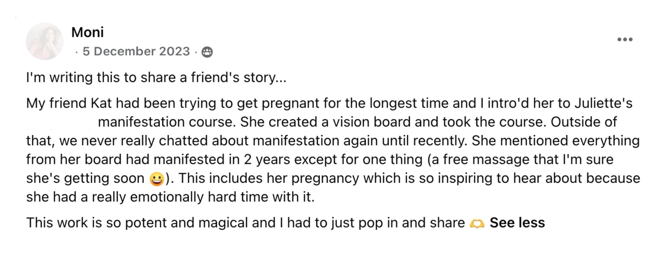 Comment from Priyanka, a Surrender Approach student, describing how she landed a job that matched exactly what Juliette Kristine had intuitively mentioned, and how returning to her vision board still feels relevant and exciting