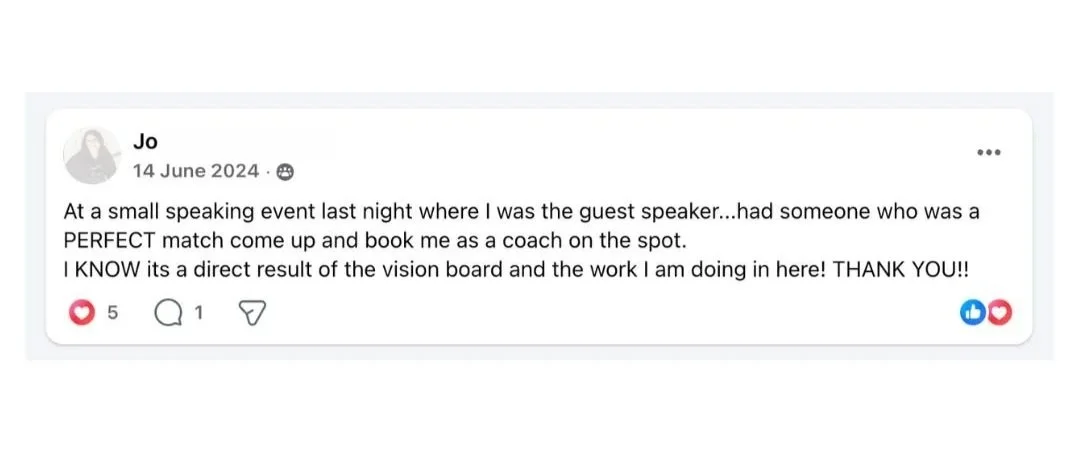 Facebook post showing student signed a new coaching client on the spot after using The Surrender Approach vision board work.