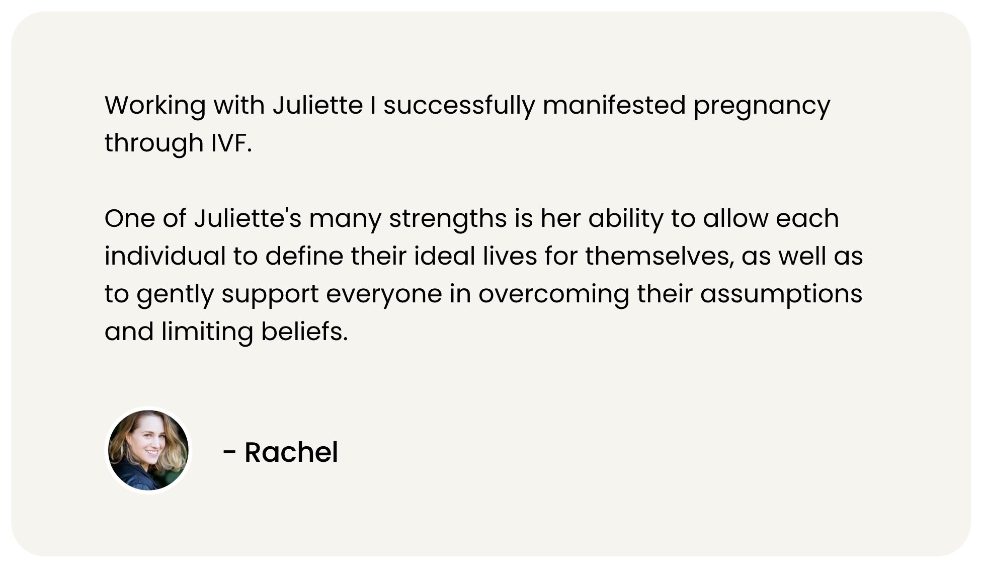 Written testimonial from Rachel who successfully manifested pregnancy through IVF, a result of working privately with Juliette Kristine and The Surrender Approach to release limiting beliefs around health and fertility