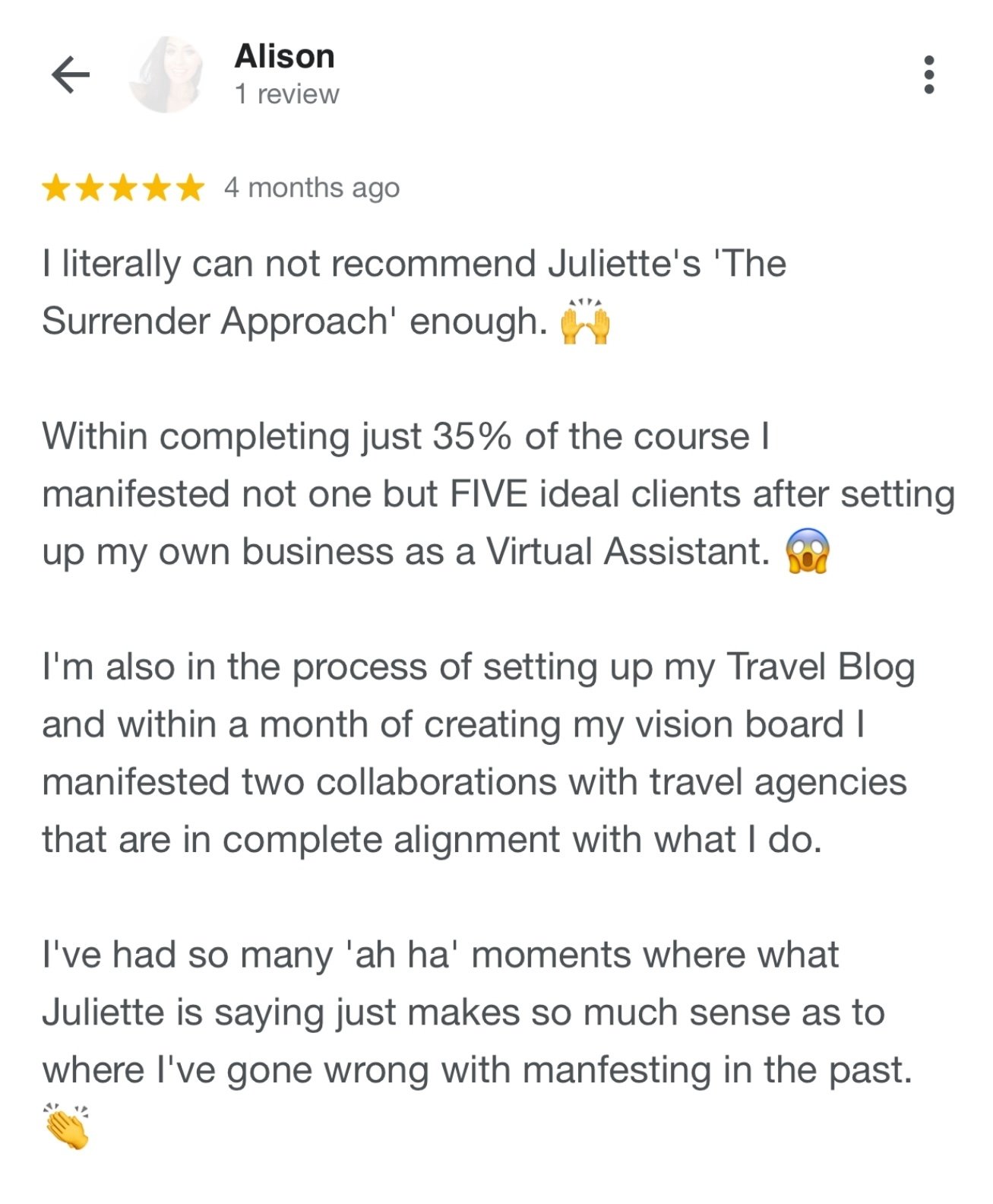 Message from Beth, a Surrender Approach student, sharing that she manifested 3 clients into her program within 36 hours and booked a 1-on-1 client for 2 sessions a few days later