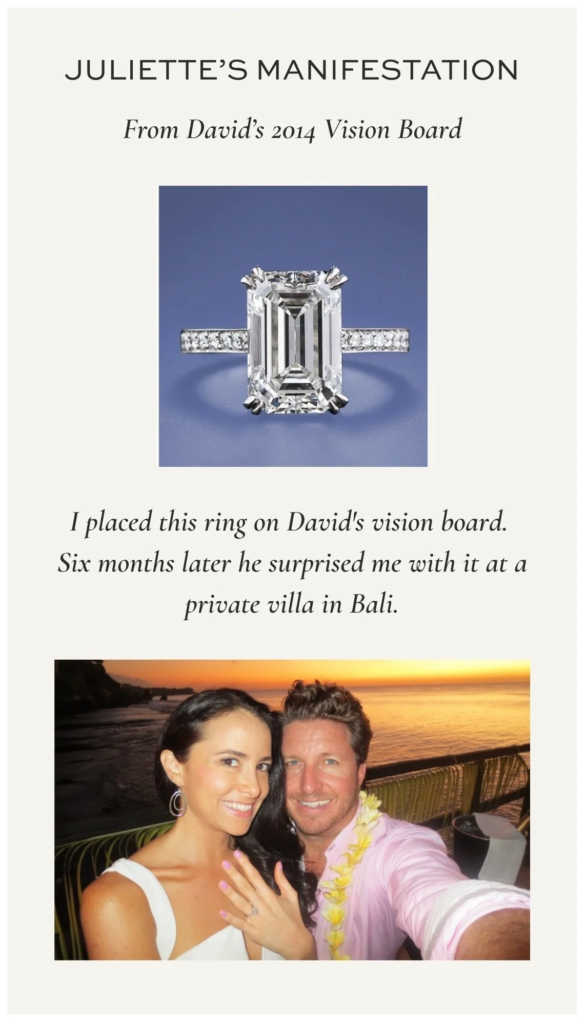 The engagement ring Juliette Kristine placed on David's vision board in 2014, followed by her proposal in Bali six months later, a manifesting love result showing exactly how she called in her specific person using The Surrender Approach