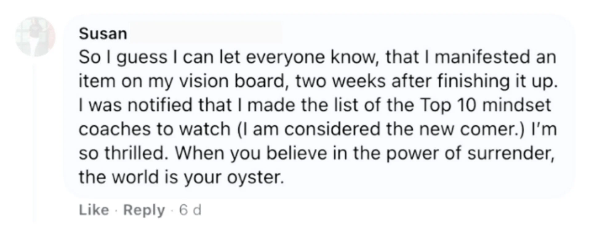Comment from Susan, a Surrender Approach student, describing how she manifested an item on her vision board just two weeks after finishing it, being named to a Top 10 mindset coaches to watch list