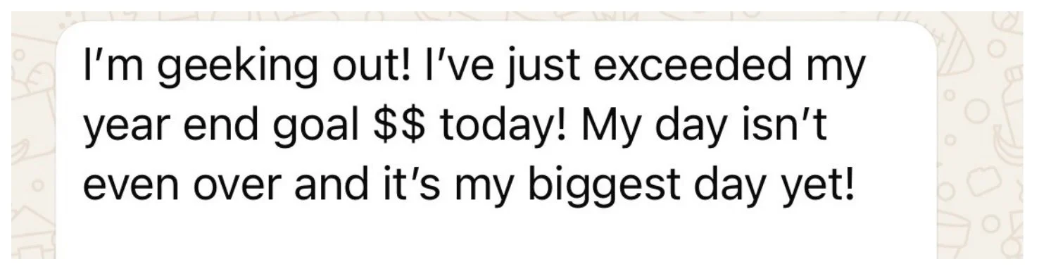 Message from a private coaching client celebrating exceeding her year end dollar goal with the day not even over yet, calling it her biggest day yet, through private coaching with manifestation coach Juliette Kristine and The Surrender Approach