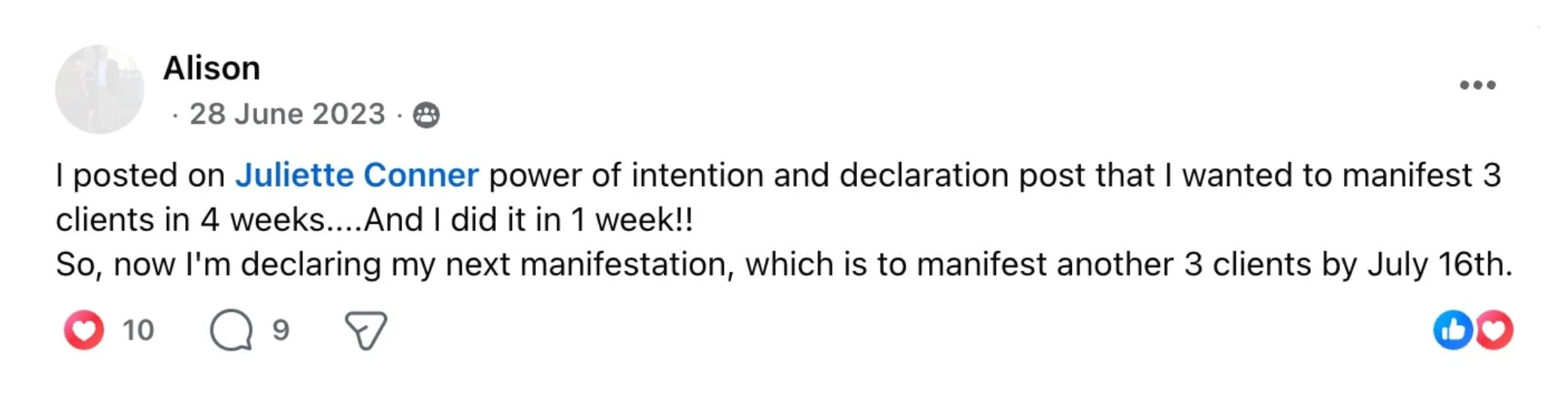 Facebook post from Alison, a Surrender Approach student, describing her manifesting clients result, declaring she wanted 3 clients in 4 weeks and manifesting them in just 1 week, then declaring her next goal of 3 more