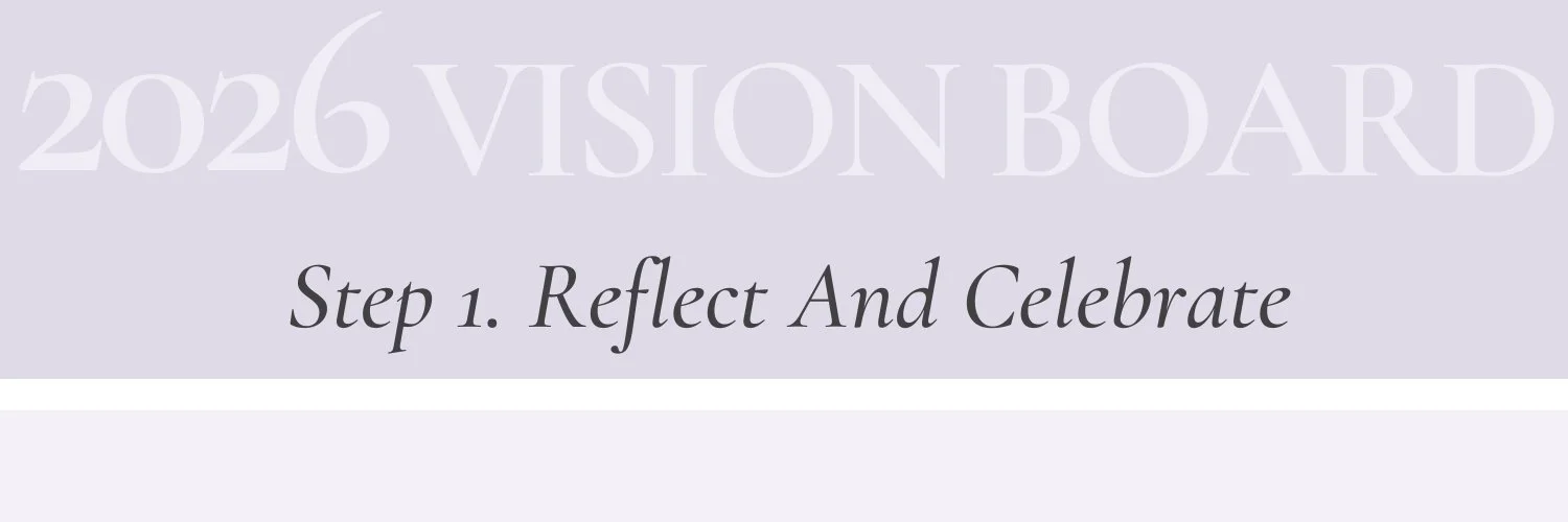 Step 1 section header for a 2026 vision board guide: Reflect and Celebrate