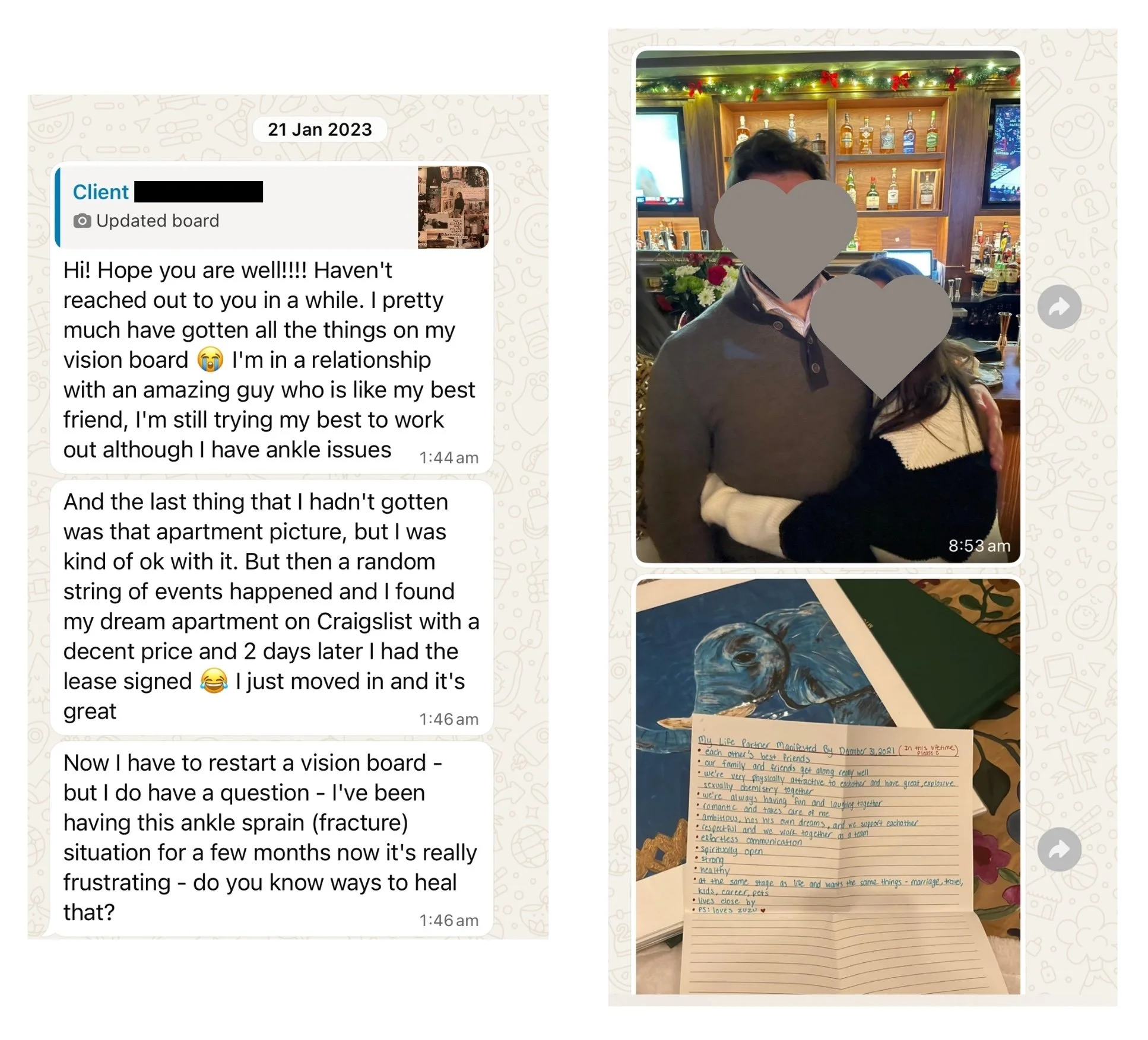 Private message from a client sharing how she manifested a relationship with her best friend and her dream apartment just months after private coaching with manifestation coach Juliette Kristine and The Surrender Approach