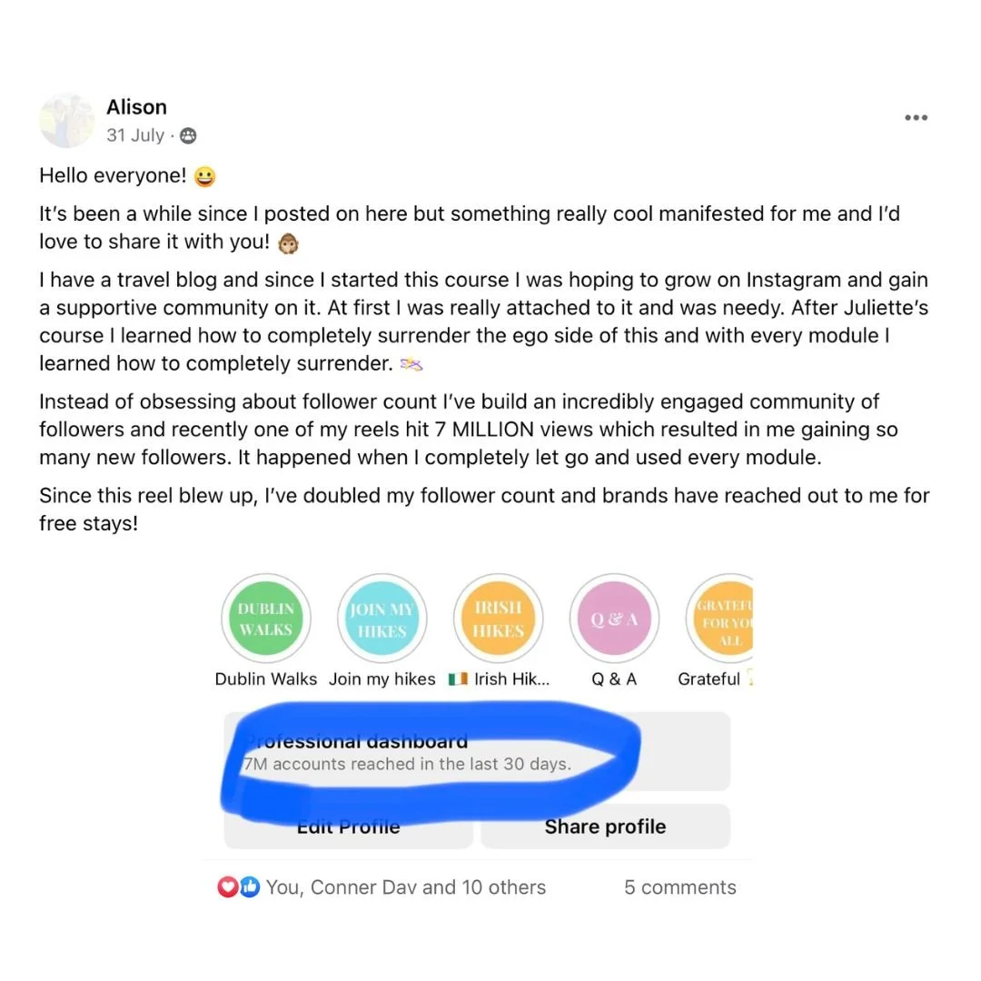 Facebook post showing student manifested 7 million views on a reel and doubled her follower count after taking The Surrender Approach manifestation course.
