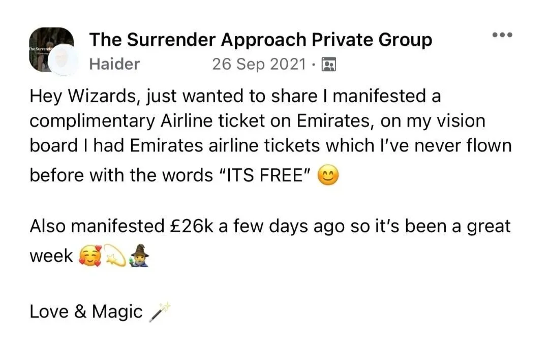 Facebook post showing student manifested a complimentary Emirates airline ticket from his vision board and £26,000 in the same week using The Surrender Approach.