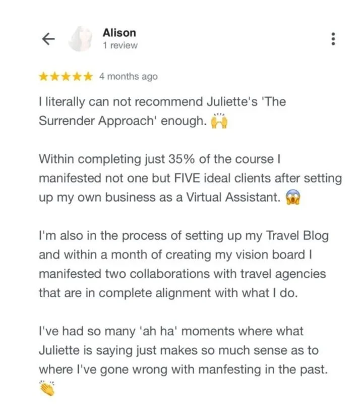 Facebook post showing student manifested 5 ideal clients at just 35% through The Surrender Approach manifestation course after starting her virtual assistant business.