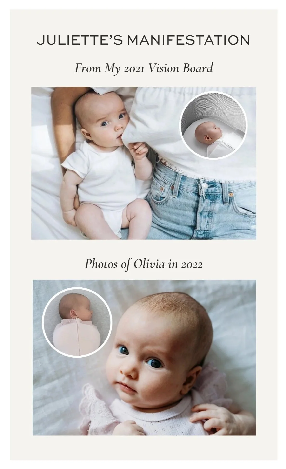 Vision board comparison slide showing Juliette Kristine's 2021 vision board images alongside real photos of her baby daughter Olivia in 2022, a pregnancy she manifested using The Surrender Approach