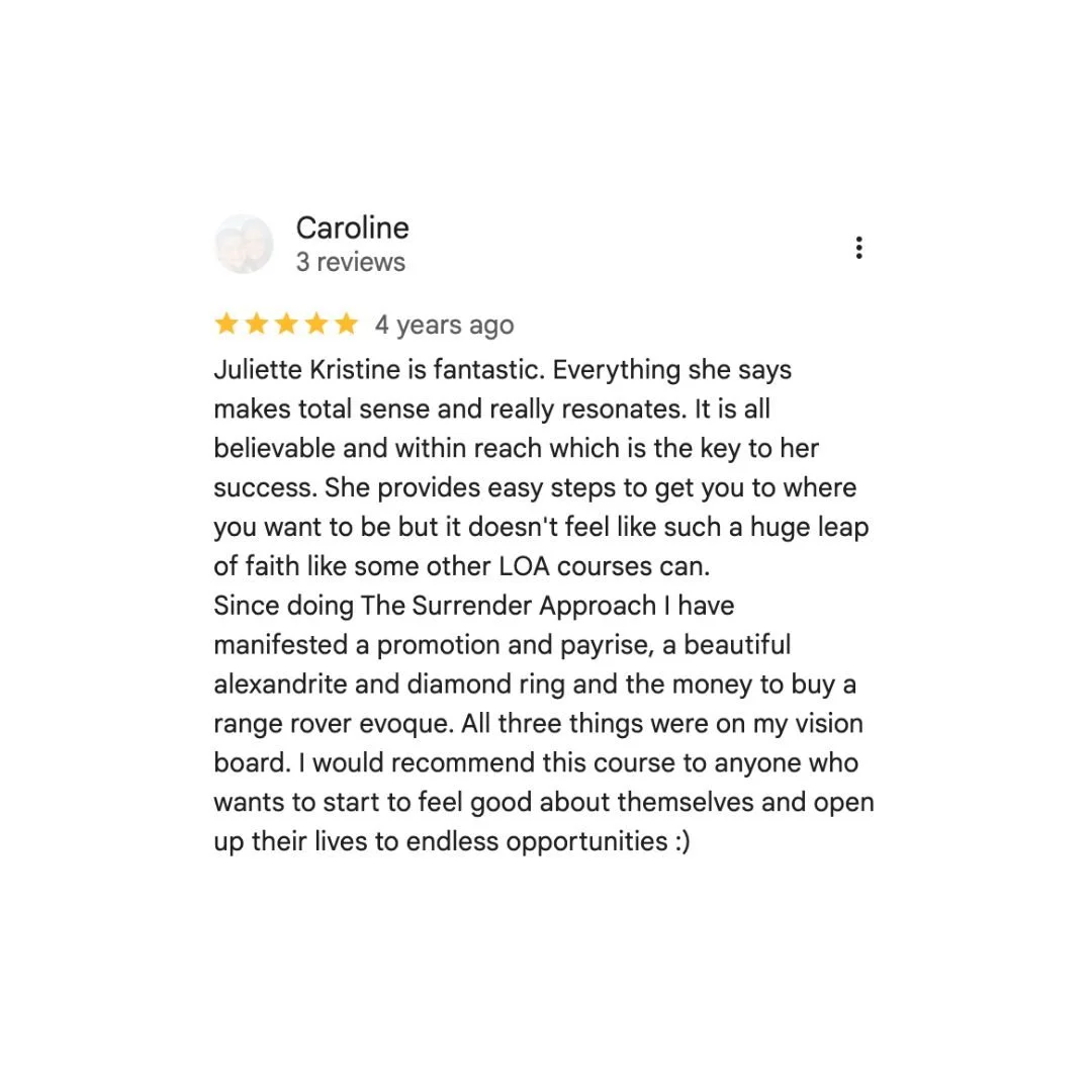 Google review showing student manifested a promotion, payrise, diamond ring and Range Rover after using The Surrender Approach.