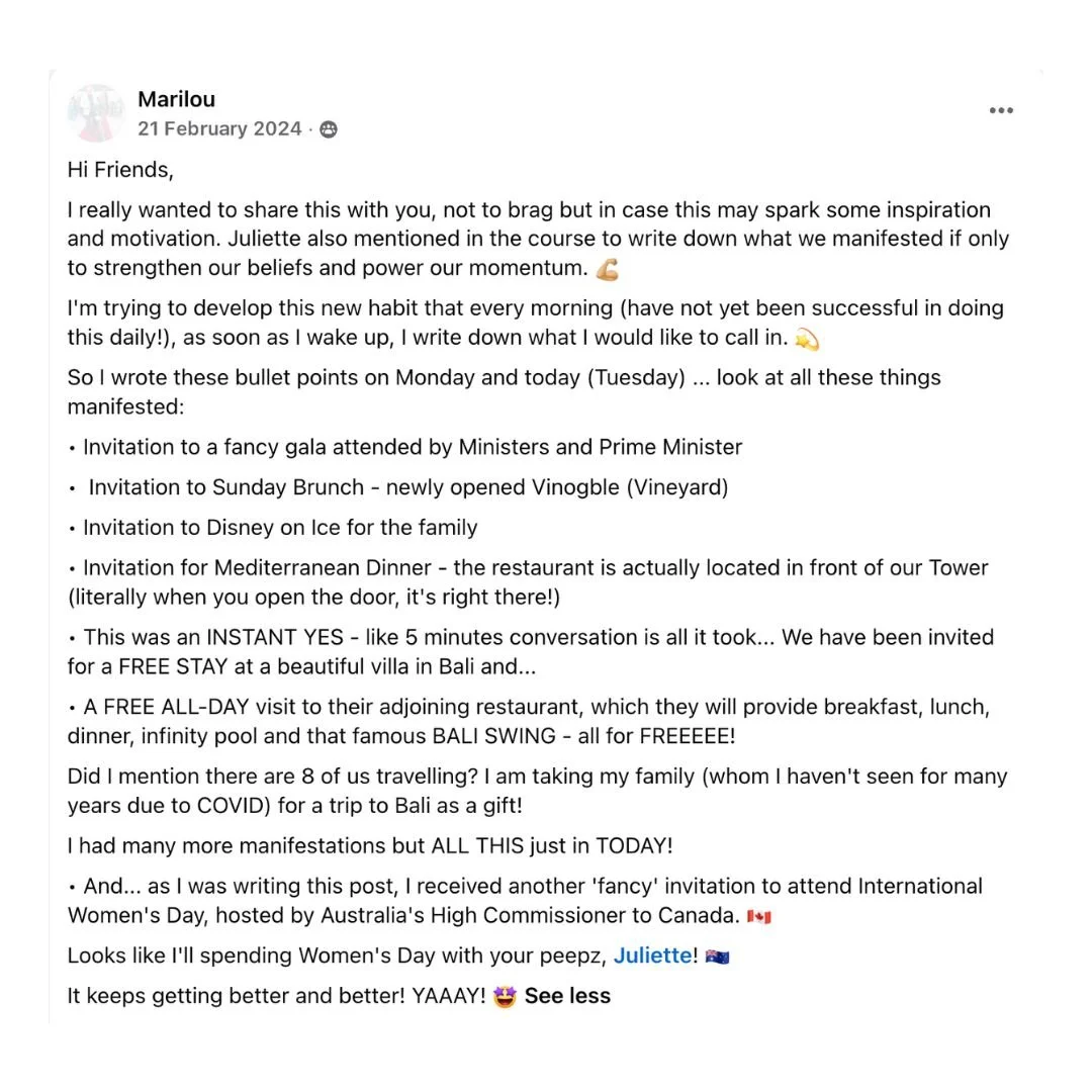 Facebook post showing student manifested a free family stay at a Bali villa, invitations to a Prime Minister gala, vineyard brunch, Disney on Ice, Mediterranean dinner and more after writing them down using The Surrender Approach.