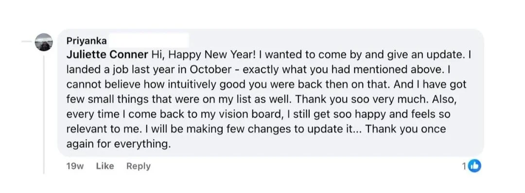 Facebook comment showing student updating that she landed a job and other vision board manifestations after working with Juliette Kristine using The Surrender Approach.