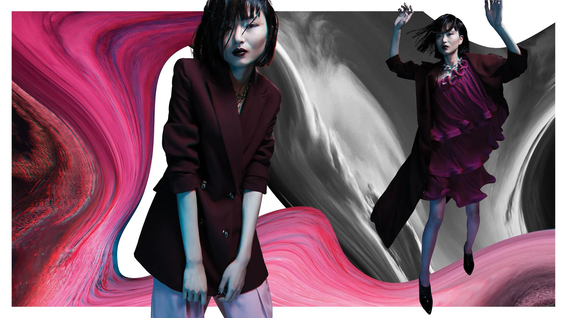 CYNTHIA: (LEFT) Bianca Spender (burgundy jacket and pink pleated trousers), Peter Lang (choker), macgraw (red silk, gold chain and pearl), and Kitte (long gold chain with medallion). (RIGHT) Romance Was Born (magenta dress), Strateas.Carlucci (burgundy trench), Ginger and Smart (burgundy patent heel) and Louise Olsen (necklace).
