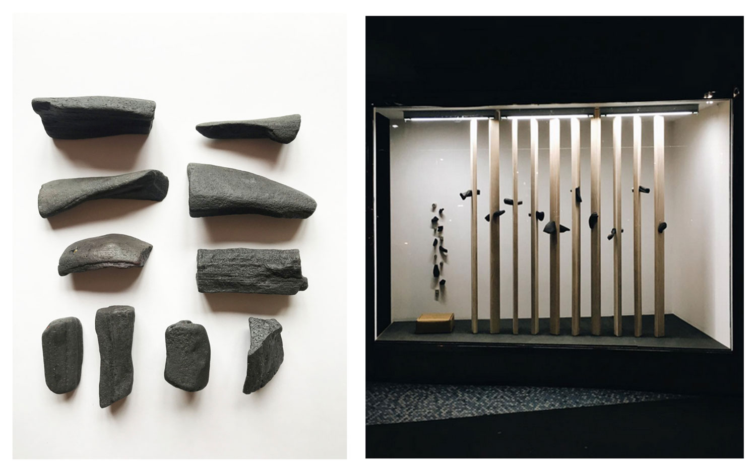 Warwick Freeman, Lava Handles, 2015, Found volcanic lava, various sizes, longest 160mm (L: work detail, R: install detail). Image courtesy the artist.