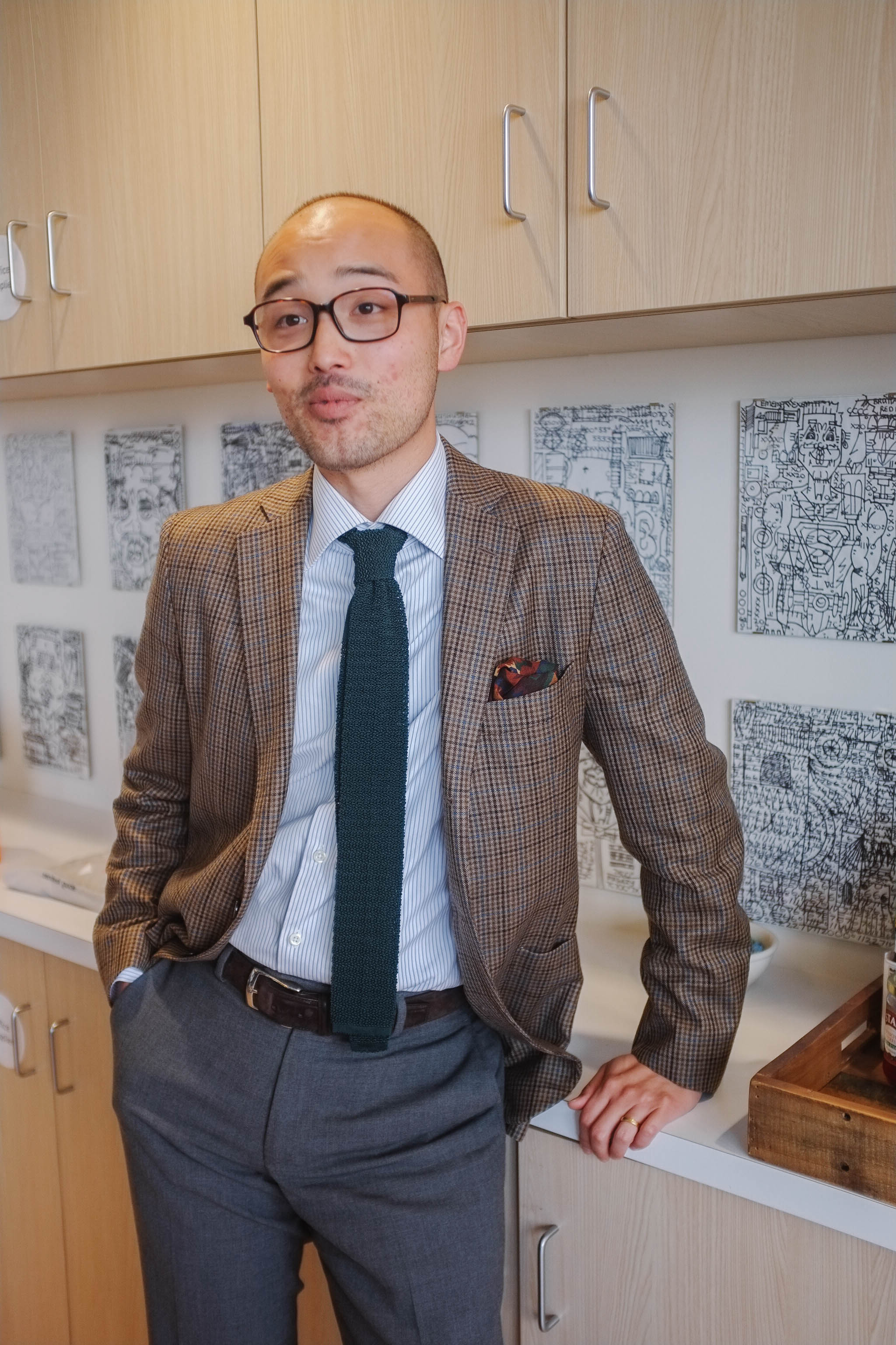 Glasses - JINS | Sports coat - Epaulet | Shirt - Proper Cloth | Tie and Pocket Square - Drake's of London | Belt - Carmina Shoemaker | Trousers - Epaulet