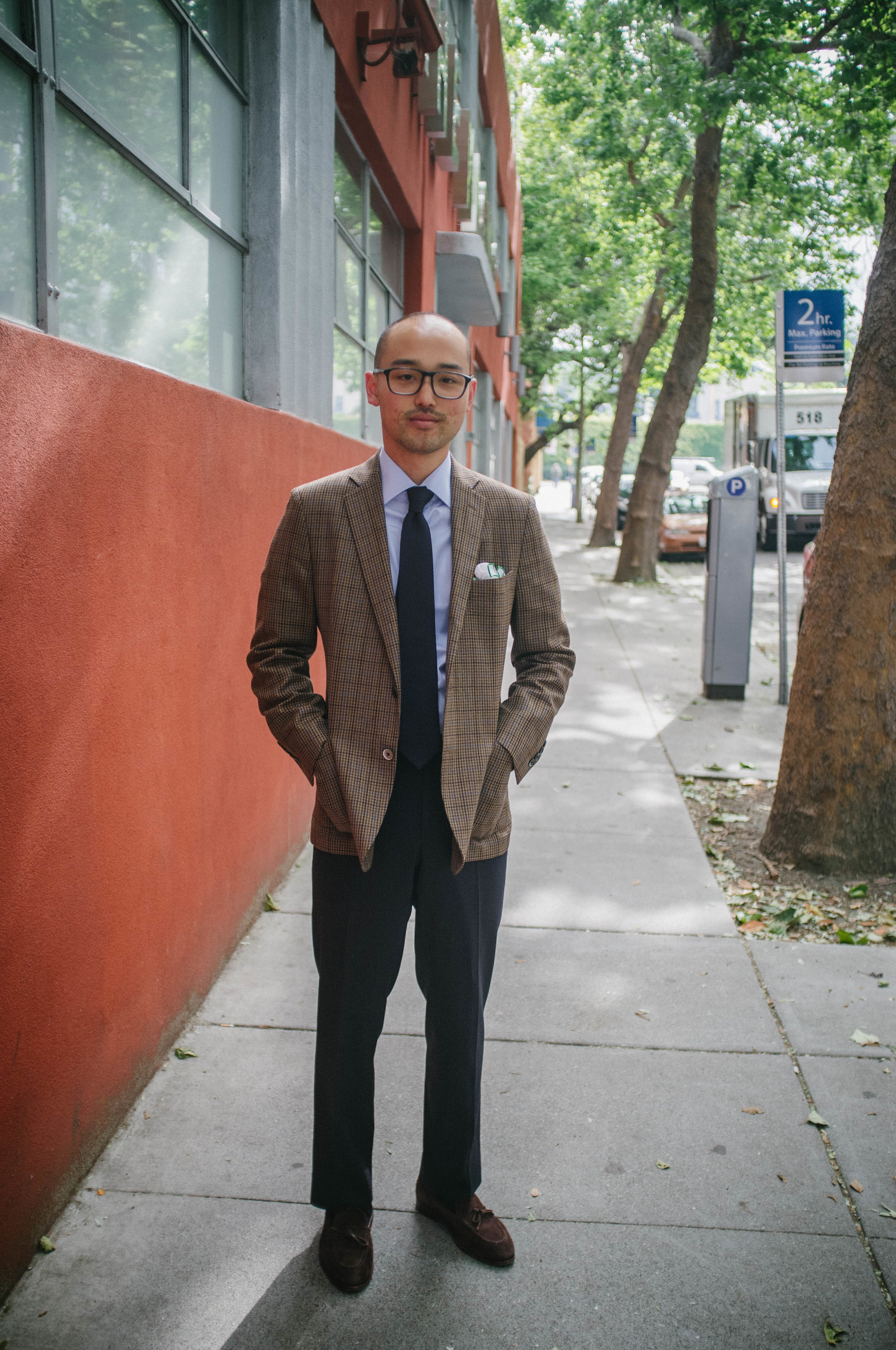 Glasses - Barton Perreira | Sports coat - Epaulet | Shirt - Proper Cloth | Tie - Drake's of London | Pocket Square - Vintage | Trousers - Epaulet | Shoes - Carmina Shoemaker