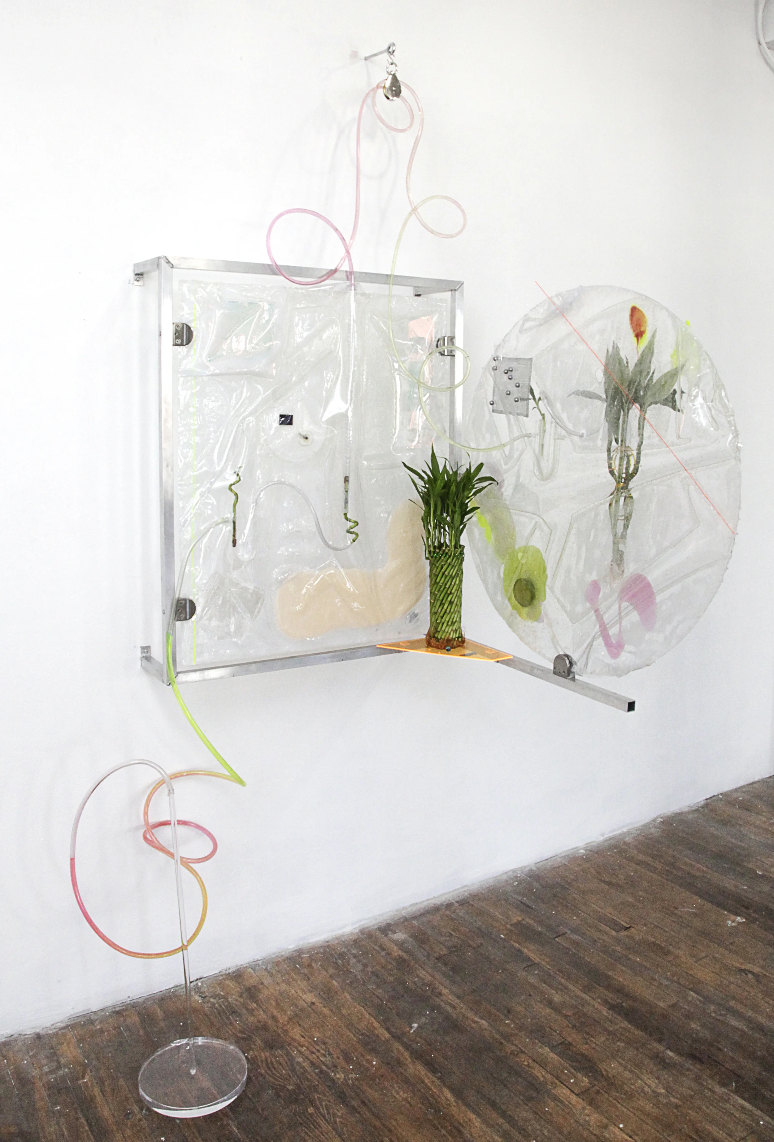 Heidi Norton , The Plight (feeding Systems) , 2015, Acrylic, dielectric glass, resin, vinyl, bamboo, tubing, electrodes with thermal switch, burner screen, pulley, crystal soil water beads, U- shaped draying tubes, aluminum frame, LCD screens, ball bearings