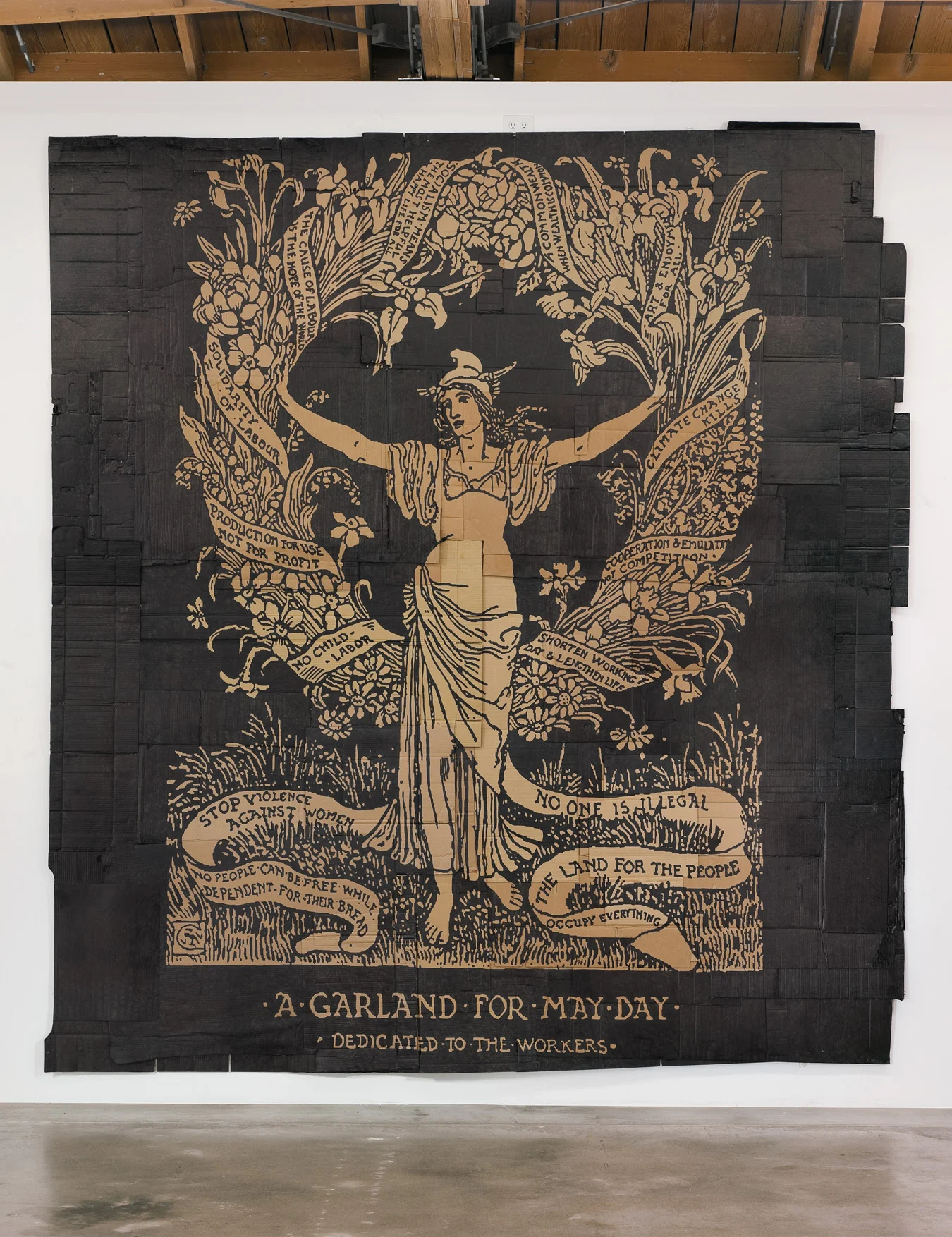 Andrea Bowers , A Garland for May Day (Illustration by Walter Crane) , 2012, Marker on found cardboard, 156" H x 140" W (396.24 cm H x 355.6 cm W), Gallery Inventory #BOW353; Courtesy of Susanne Vielmetter Los Angeles Projects; Photo: Robert Wedemeyer