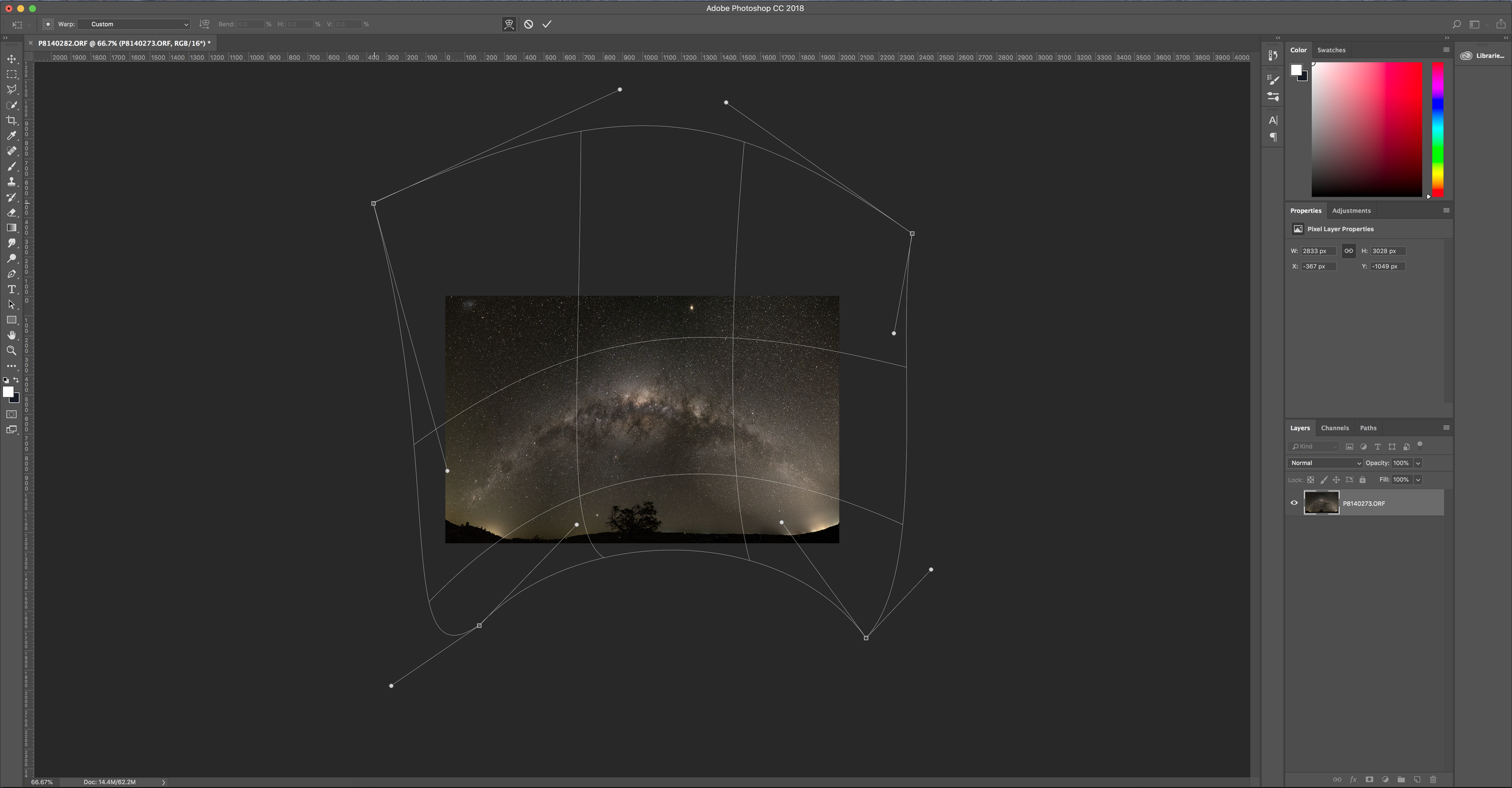 Using the Warp adjustment tool to reshape the panoramic in Adobe Photoshop