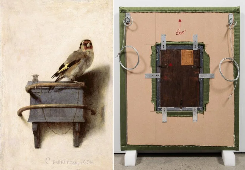 Carel Fabritius' 'The Goldfinch,' 1654, left, and Vik Muniz's 'Verso (The Goldfinch),' 2016. PHOTO: MAURITSHUIS, THE HAGUE; VIK MUNIZ