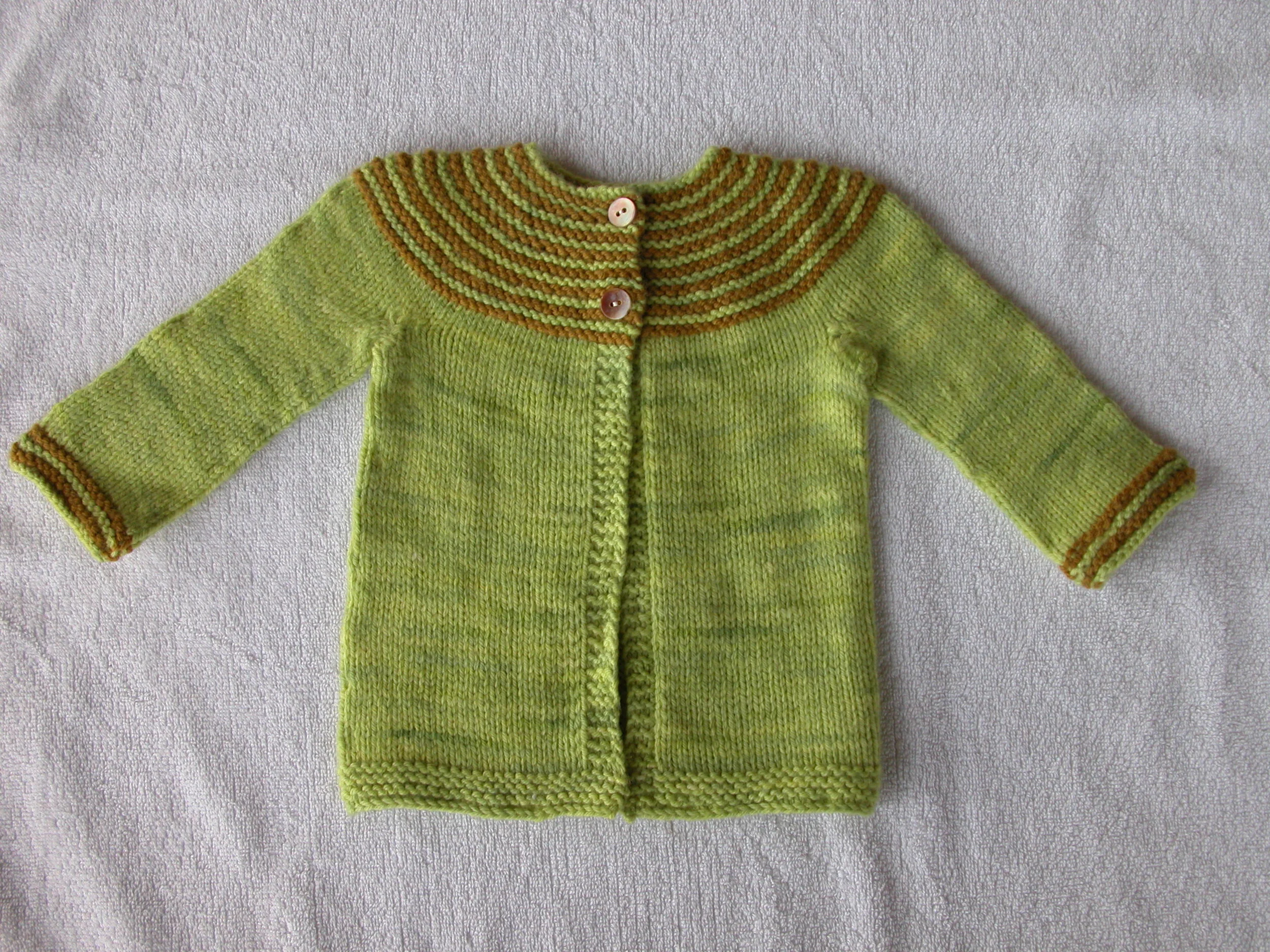 Georgie Hallam’s design “Gidday Baby” knitted in Augustbird’s Green Tree Frog (with White Gum Wool as the base) and Sedge for baby Bo, son of friends Jules and Tom.