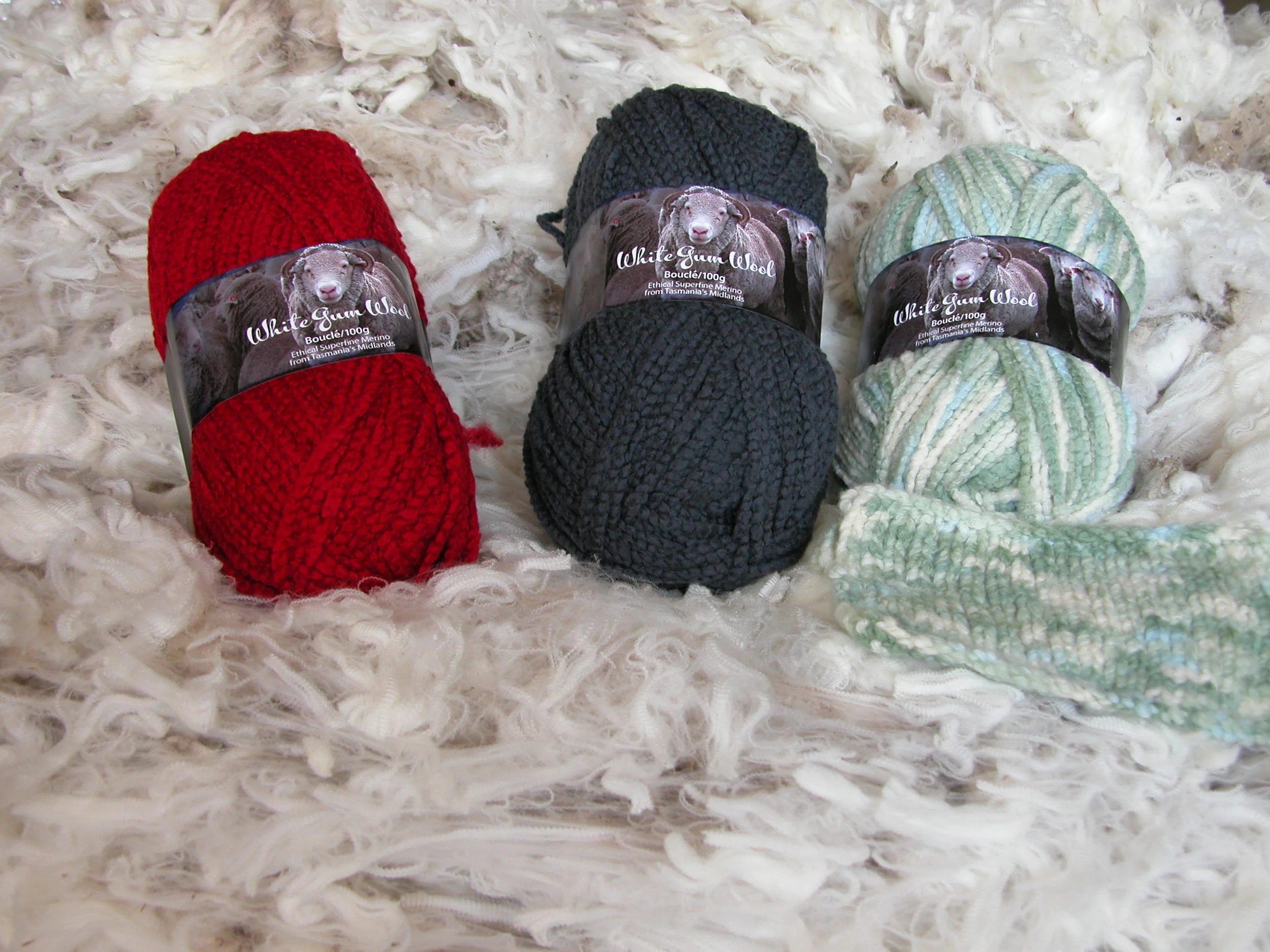 The new boucle colours: Hawthorn, Quarrystone and Silver Tussock